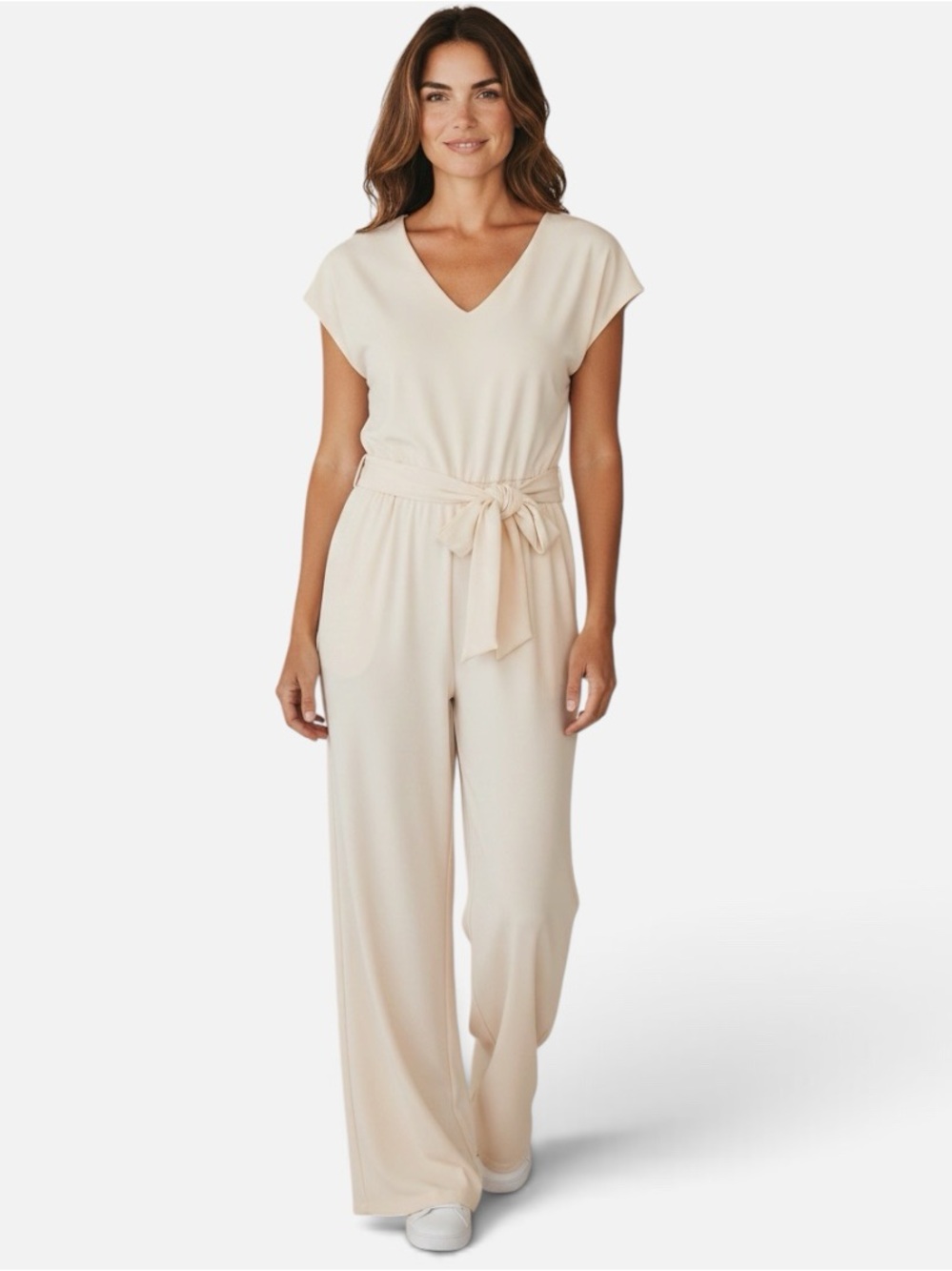 Women's V-Neck Wide-Leg Jumpsuit in Cream